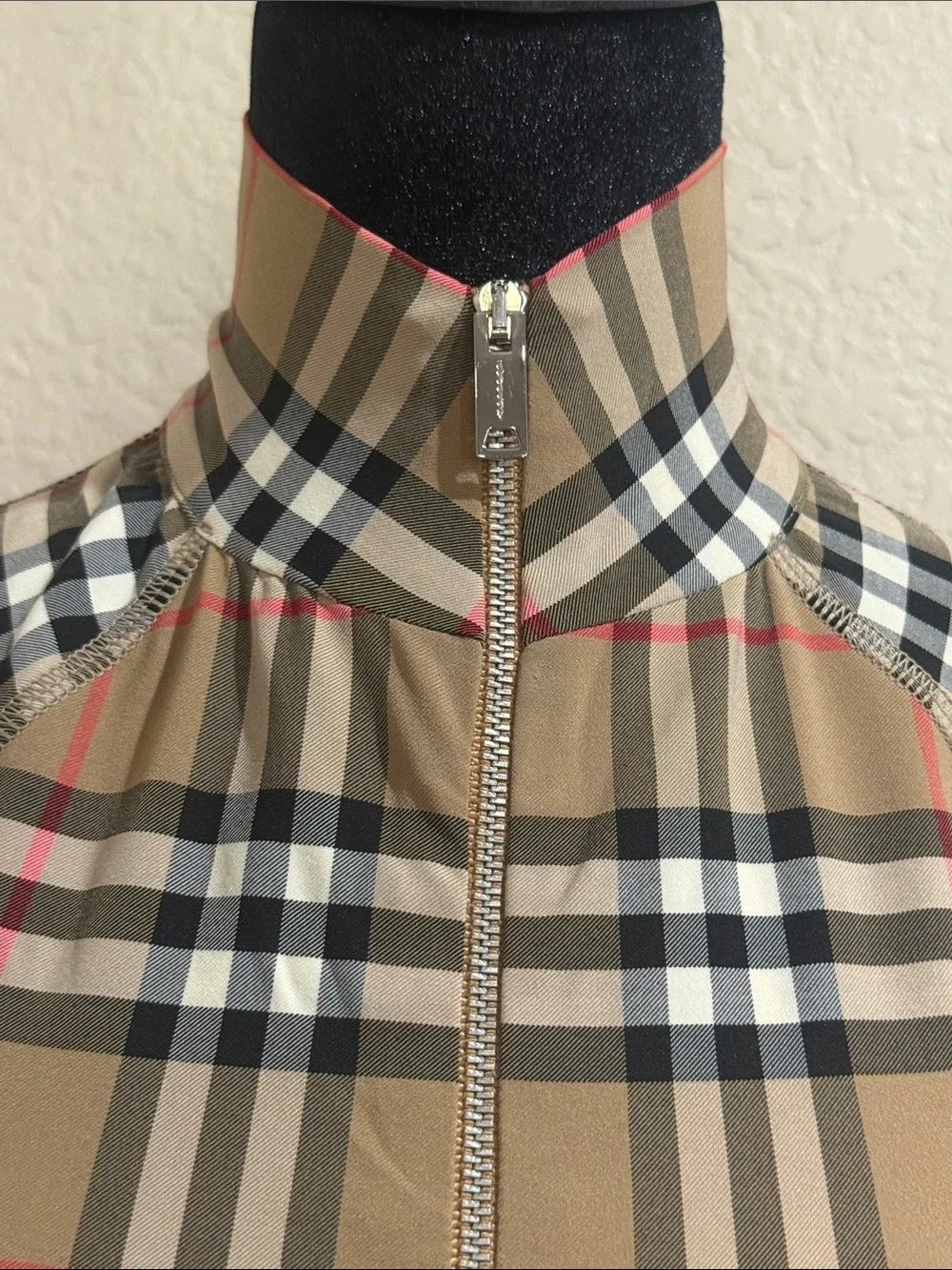 Burberry Beige Vintage Check Zip Neck Top